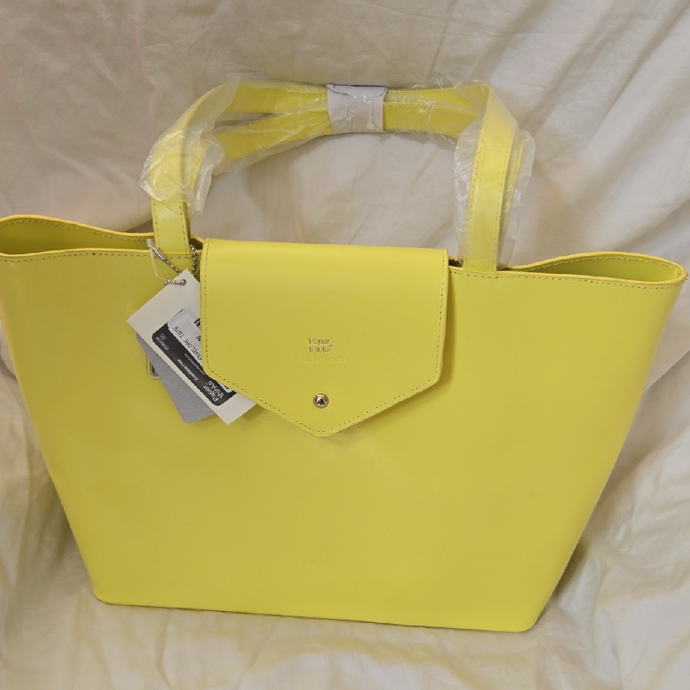 NWT Paper Thinks Yellow Envelope Leather Tote Recycled Leather Magnetic Close